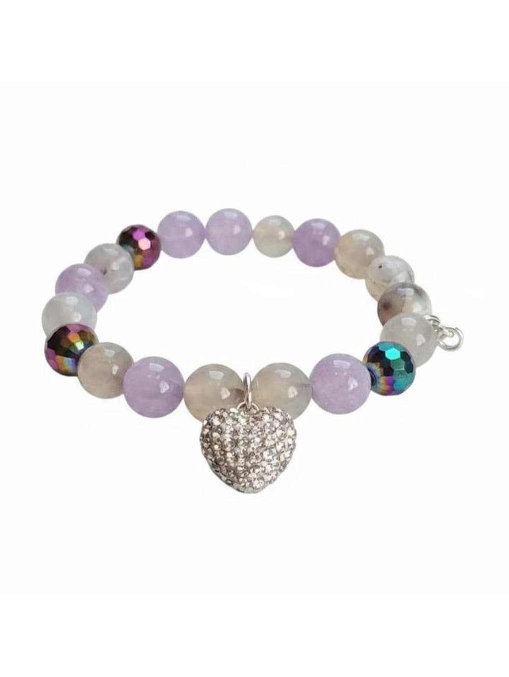 Lavender Amethyst and Agate Beaded Stretch Bracelet with Heart Charm